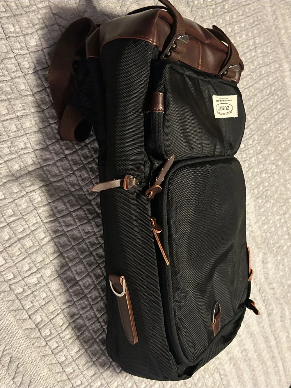 Zumit Black Backpack with Brown Trim and Leather-Look Base